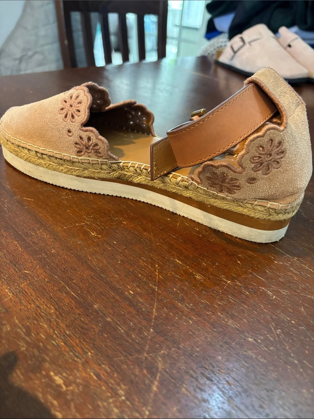See By Chloe Blush Suede Espadrille Sandals with Ankle Strap